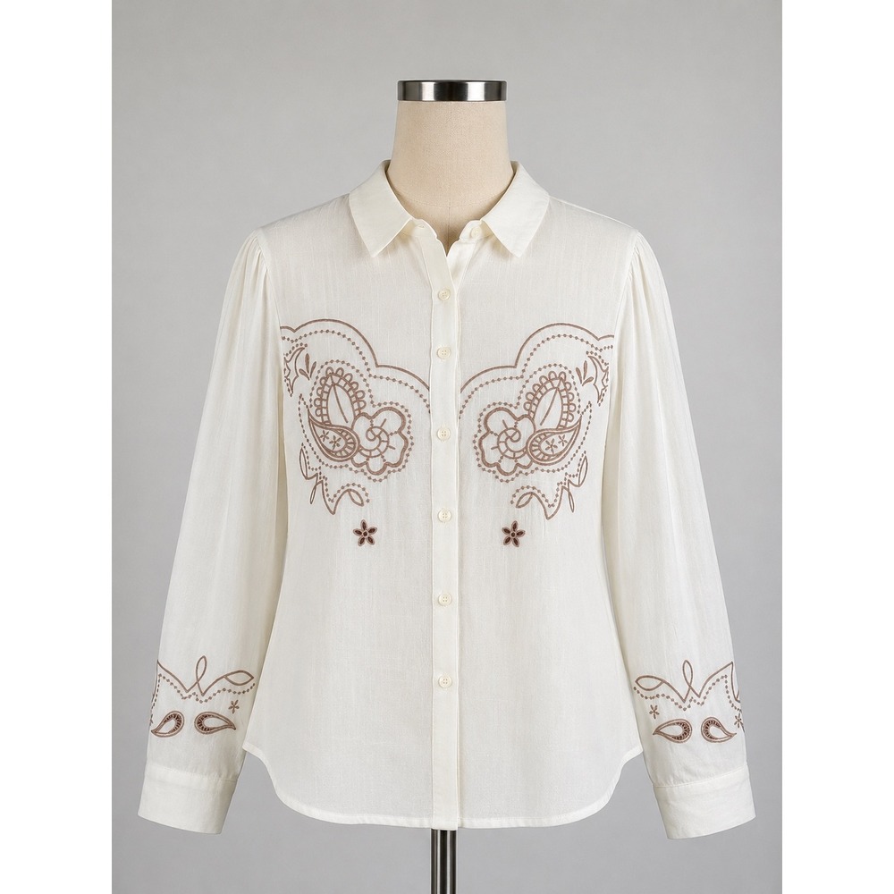 Cider White Embroidered Button Down Blouse Large Western Cottagecore Boho Top
